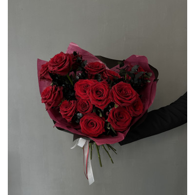 Stylish Red Roses with black eucalyptus